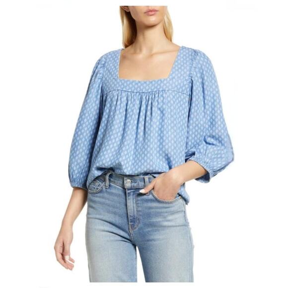 Caslon Women's Square Neck Popover Blouse in Blue Diamond Stripe Size Small - Picture 1 of 10
